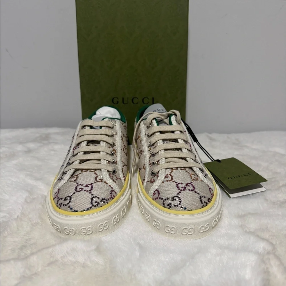 Gucci Beige Canvas Sneakers with Colorful Logo